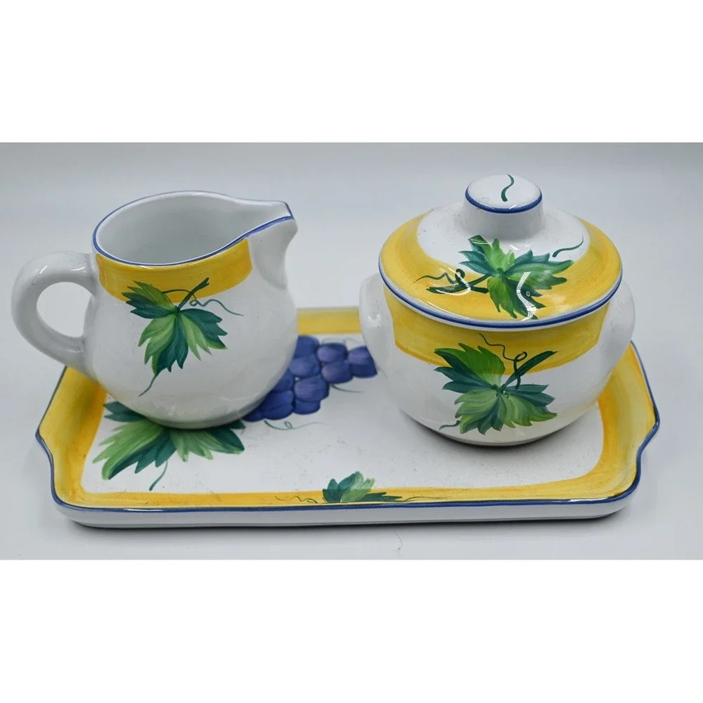Present Tense Home Artistry Cream Sugar Set with Tray Handpainted Hungary Grapes